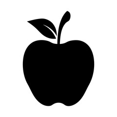 Simple black apple silhouette with leaf and stem on white background
