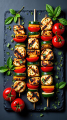 Fototapeta premium A plate topped with skewered grilled vegetables, including tomatoes, peppers, and zucchini, accompanied by fresh basil leaves.