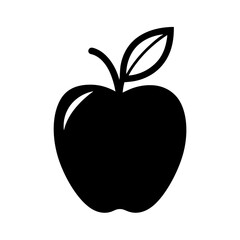 Black and White Apple Silhouette with a Leaf and Stem Illustration