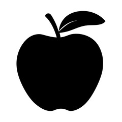 Simple black silhouette of a ripe apple with stem and leaf
