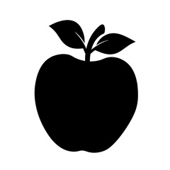 Black silhouette illustration of a ripe apple with leaves and stem