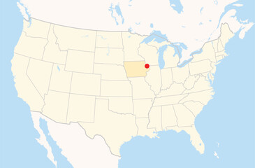 Location Map of the city Dubuque in Iowa, USA. The state is marked orange and the city is highlighted with a red dot. No labels at all.