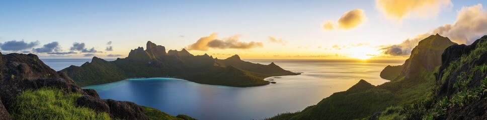 Panoramic view of a colorful sunset over a calm sea or lake,created by ai
