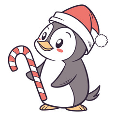 A Penguin wearing a Santa hat and holding a candy stick 