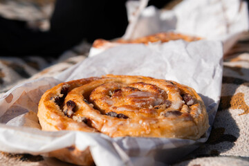 Freshly baked bun on paper wrap during picnic, warm golden crust, casual outdoor food scene in natural light