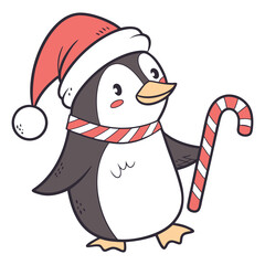 A Penguin wearing a Santa hat and holding a candy stick 