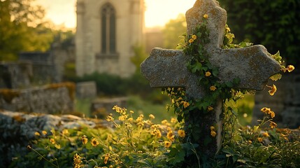 Stone cross adorned with wildflowers in a historic cemetery at sunset.