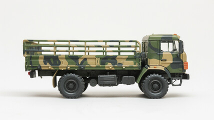 Camouflaged military truck model in green, brown, and beige. Detailed miniature vehicle for collection or display.