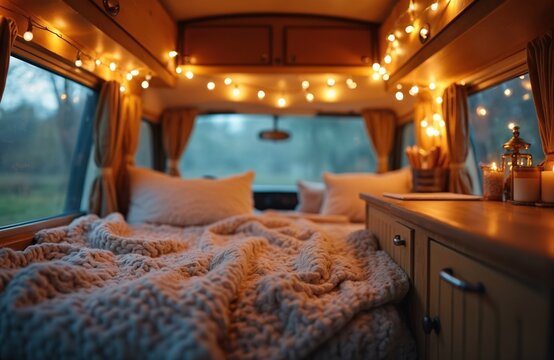 Cozy camper van interior with fairy lights creating romantic ambiance. Tiny home atmosphere. Evening with warm illumination. Road trip, travel, relaxation, escapism. Comfortable, cosy place for - Powered by Adobe