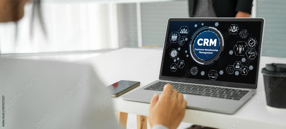 Poster customer relationship management system on modish computer for crm business and enterprise