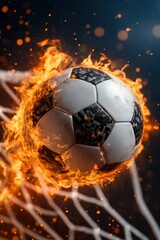 Fototapeta premium Fiery soccer ball scores a goal with flames engulfing the net during an intense match at dusk