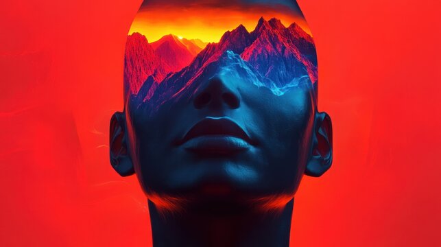 Woman's head, mountain sunset inside, red background, surreal art, album cover - Powered by Adobe