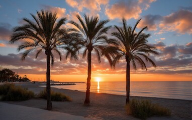 Palm trees silhouetted against vibrant sunset beach