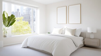 Modern minimalist bedroom with city view