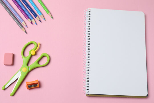 school notebook, pen, spiral notebook on the table. flat lay