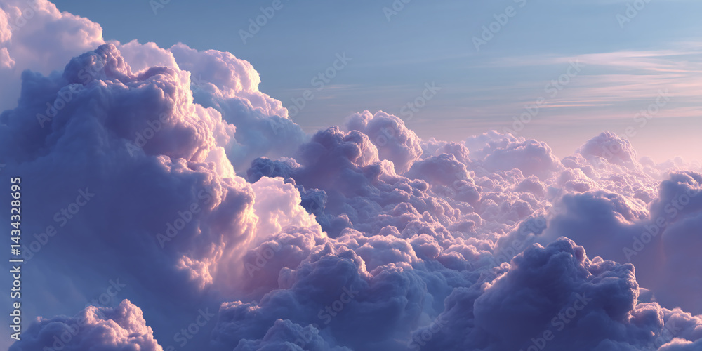 Poster aerial view of fluffy clouds at sunset, displaying soft purple and pink hues, creating a serene and 