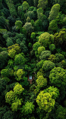 Naklejka premium An aerial perspective reveals a secluded cabin led amidst the lush, vibrant green canopy of a dense rainforest, a serene retreat in nature's embrace.