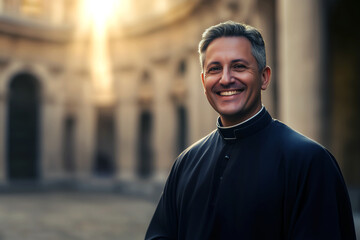 Fototapeta premium A smiling priest posing for a portrait in the Vatican courtyard, warm sunlight and classic stone backdrop.