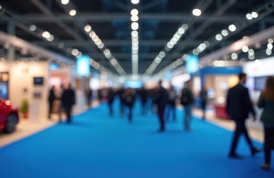 Blurred exhibition hall scene with visitors. Trade show features cars home appliances tech gadgets food items. Blue carpet show floor. Business conference event.