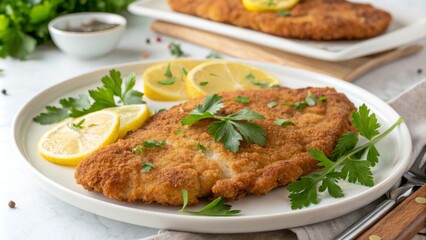 Golden Schnitzel Plated, Lemon Slices, Parsley, Food, Meal