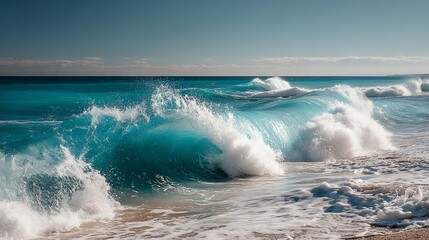 Fototapeta premium Turquoise waves crash on sandy beach