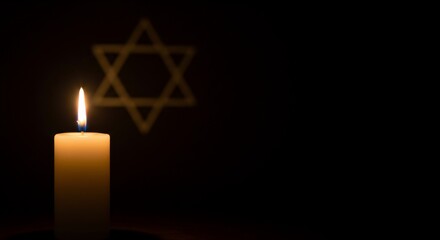 Burning candle and Star of David on dark background. Holocaust remembrance concept. Memorial Day. Jewish heritage symbol. Yom HaShoah commemoration.