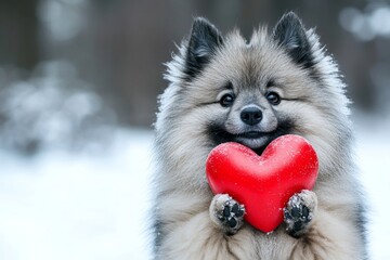 Ad furry friend conceptual art creative design idea. Cute keeshond hound with diamond red heart on a walk in a winter green space. Keeshond - my desired dog, symbol of friendship. Dog in snow.