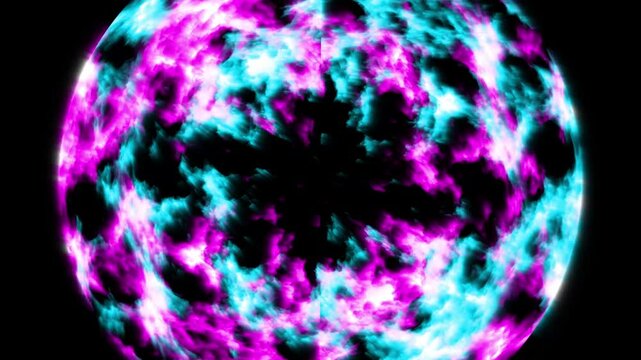 Abstract background flight through neon light wormhole subspace tunnel loop on the black background.