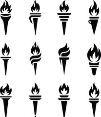 Torch Icon Set, Flaming Torch Silhouettes Vector Collection