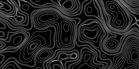 Generate a high-contrast black and white topographic map featuring detailed contour lines. The map should display various elevations using closely spaced, Topography and geography map grid abstract.