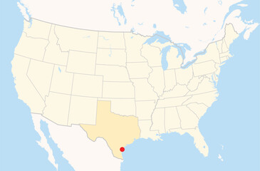 Naklejka premium Location Map of the city Corpus Christi in Texas, USA. The state is marked orange and the city is highlighted with a red dot. No labels at all.