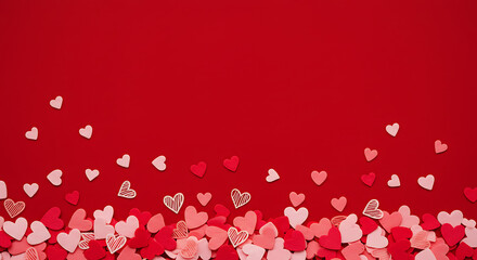 Red backdrop showcases a delightful arrangement of pink hearts in various shades. Perfect for romantic occasions or festive celebrations, this vibrant display adds charm to any setting