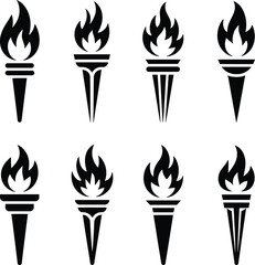 Torch Icon Set, Flaming Torch Silhouettes Vector Collection