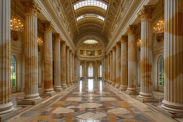 Obraz premium A Grand Hallway Inside an Ancient Building with Ornate Architecture
