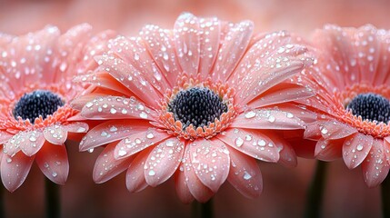 Dewdrops on pink flowers, soft blurred background