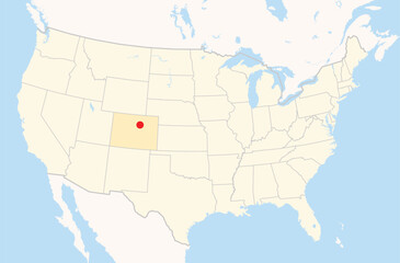 Location Map of the city Commerce City in Colorado, USA. The state is marked orange and the city is highlighted with a red dot. No labels at all.