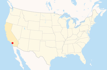 Location Map of the city Corona in California, USA. The state is marked orange and the city is highlighted with a red dot. No labels at all.