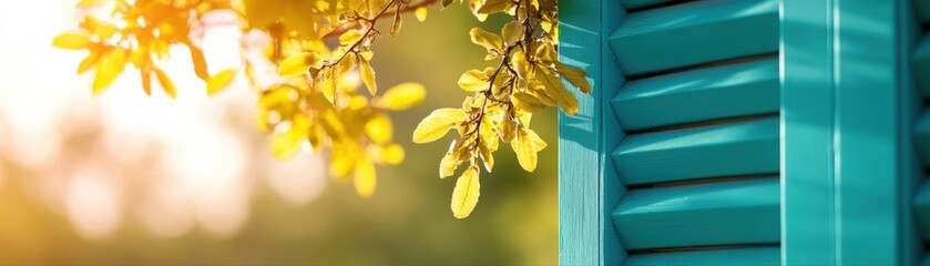 Obraz premium A bright, sunlit image featuring vibrant green leaves against a turquoise shutter, evoking a serene and refreshing atmosphere.
