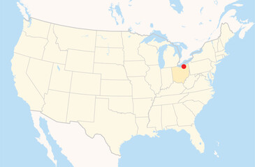 Location Map of the city Cleveland in Ohio, USA. The state is marked orange and the city is highlighted with a red dot. No labels at all.