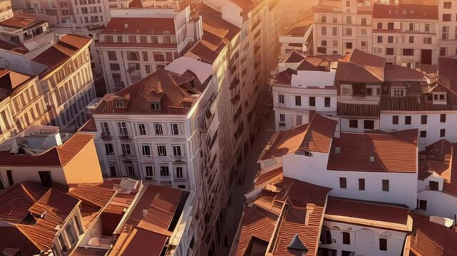 Scenic view of old European town with terracotta rooftops glowing warmly in sunset light, concept of history, culture and nostalgic beauty