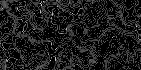 Generate a high-contrast black and white topographic map featuring detailed contour lines. The map should display various elevations using closely spaced, Topography and geography map grid abstract.