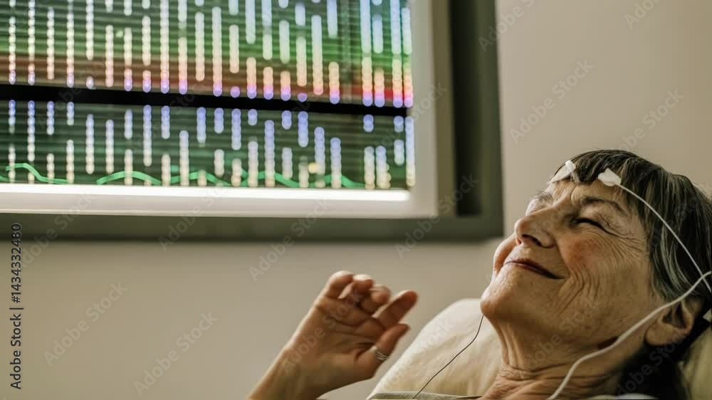 Poster a senior smiling softly with electrodes visible on their scalp as a colorful led light display pulse