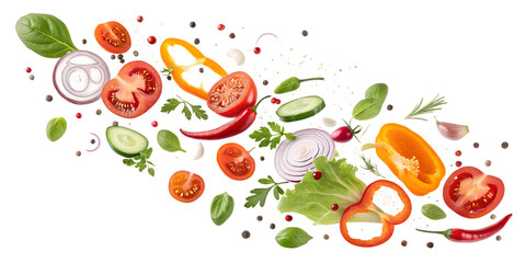 A illustration showing a fresh, red tomato and other fruit in an abstract design with an transparent background