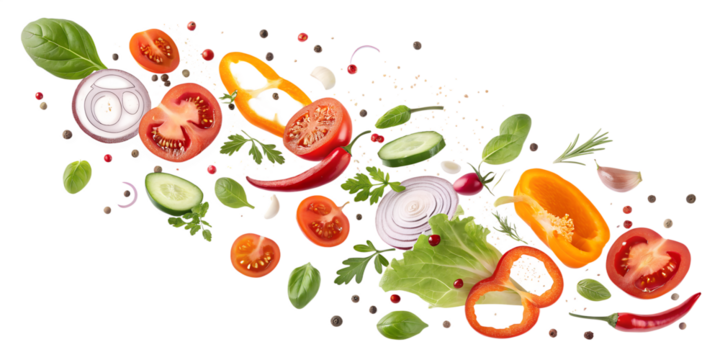 A illustration showing a fresh, red tomato and other fruit in an abstract design with an transparent background