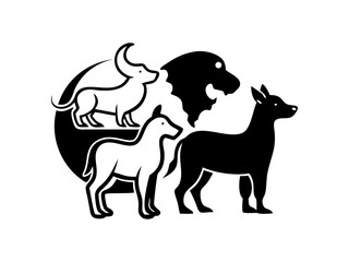 Global Pet Care Logo Design Featuring Diverse Animals, Silhouette of various domestic and exotic animals. A bold, black silhouette design featuring various animals – cat, dog, marsupial, and bird – po