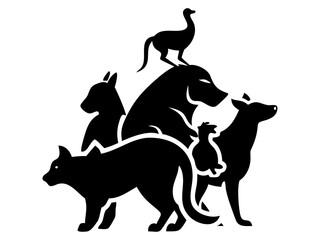 Global Pet Care Logo Design Featuring Diverse Animals, Silhouette of various domestic and exotic animals. A bold, black silhouette design featuring various animals – cat, dog, marsupial, and bird – po