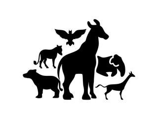 Global Pet Care Logo Design Featuring Diverse Animals, Silhouette of various domestic and exotic animals. A bold, black silhouette design featuring various animals – cat, dog, marsupial, and bird – po
