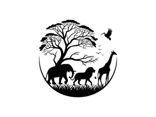 Silhouette of African Wildlife Under a Majestic Tree,  black and white silhouette showcases a serene African landscape. Silhouettes of Giraffe, Elephant, and Leopard for World Animal Day.