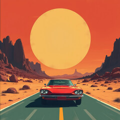 Red car drives desert road at sunset, large moon. Classic retro car journey through arid landscape. Concept illustration of travel, adventure, freedom, dream.