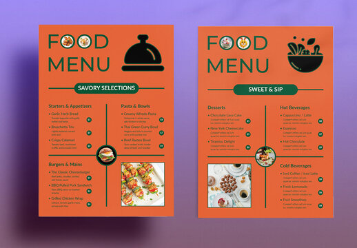 Bold Two Page Food Menu Template with Sections for Savory and Sweet Dishes